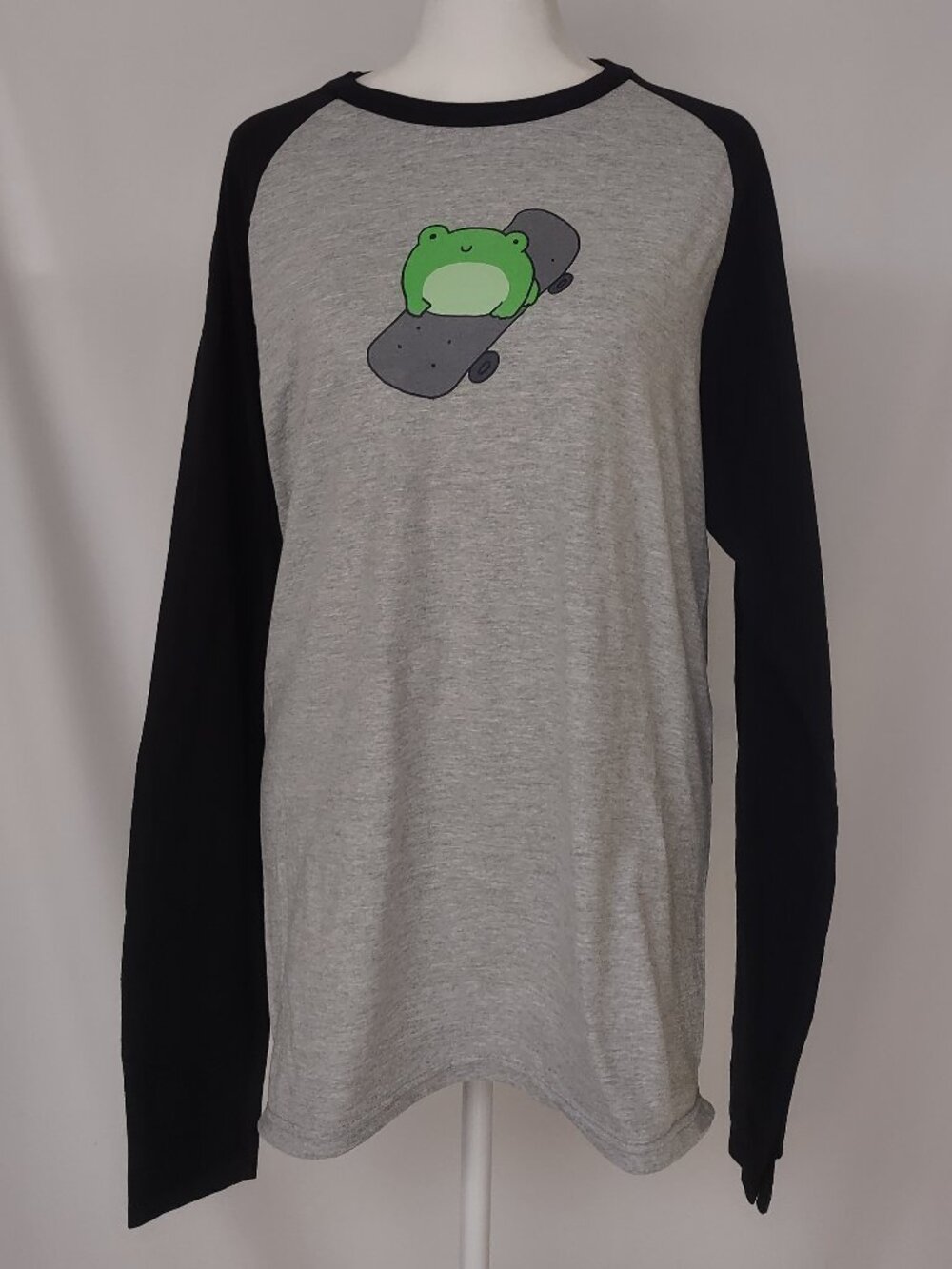 EUC Black & Grey shirt with Green Chibi Frog on a Skateboard print